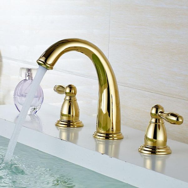

bathroom sink faucets basin polished gold brass made modern faucet double handle bath counter mixer taps