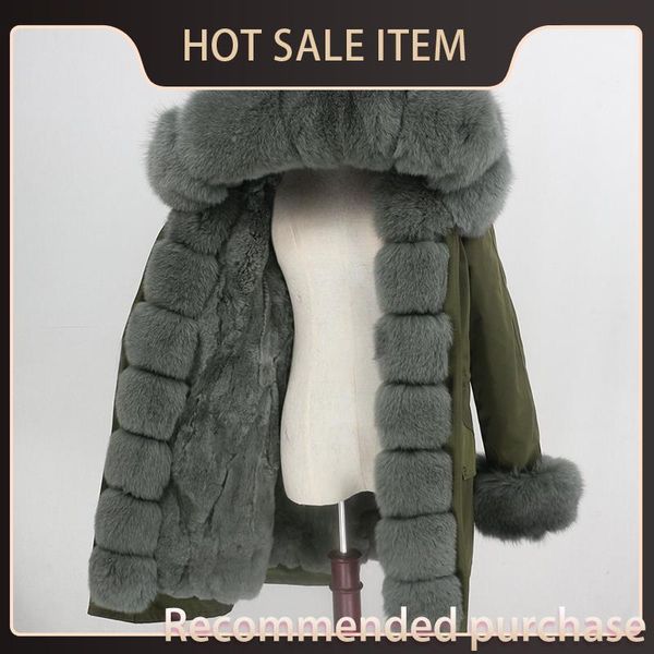 

fur natural parka oftbuy real fur coat rabbit liner fox long collar hood raccoon waterproof thick warm outerwear streetwear xpqxc, Black