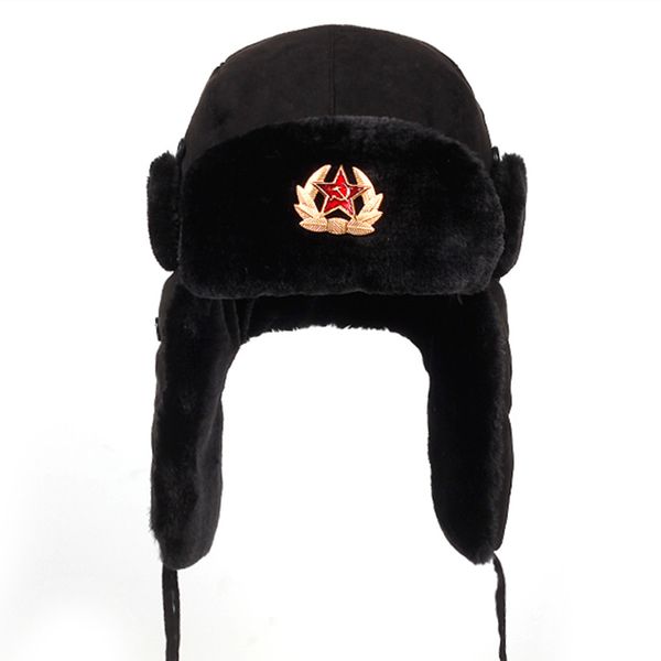 

soviet army military badge russia ushanka bomber hats pilot trapper aviator cap winter faux rabbit fur earflap snow caps hat, Blue;gray
