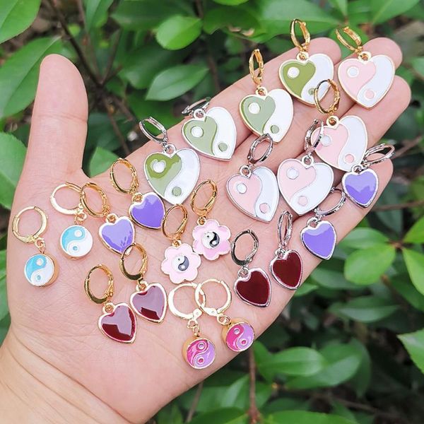 

dangle & chandelier multicolor enamel love heart round yinyang earring women's gold crystal cz circle charms small huggies wholesale je, Silver