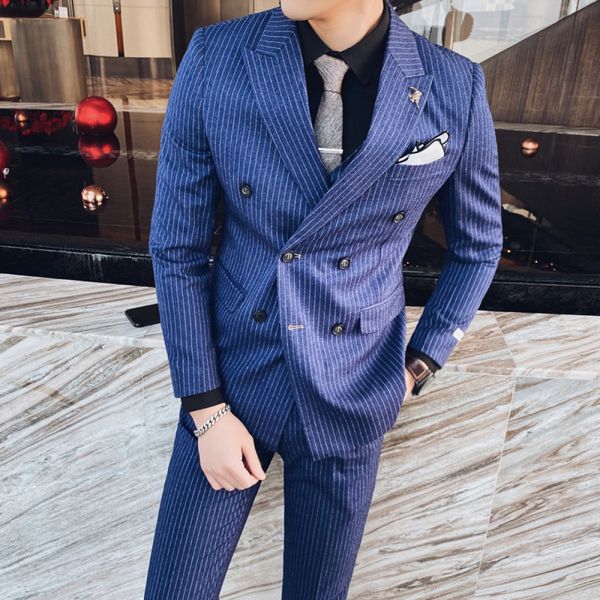 

four seasons wear male double breasted striped fashion groom wedding piece sets british gentleman suit for men 62hy, White;black