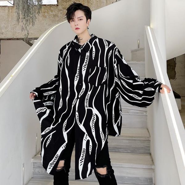 

men's casual shirts korea men irregular striped long sleeve male loose single breasted blusas mens shirt dress streetwear, White;black
