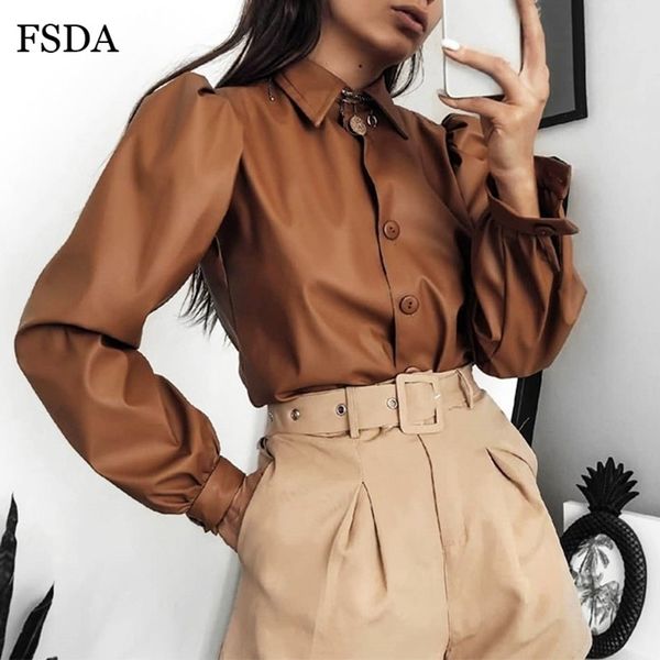 FSDA Longo Spruff Sleeve Desligado Collar Mulheres Camisa Botão Faux Leather Elegante Moda Outono Inverno Casual Blusa Brown Tops 210315