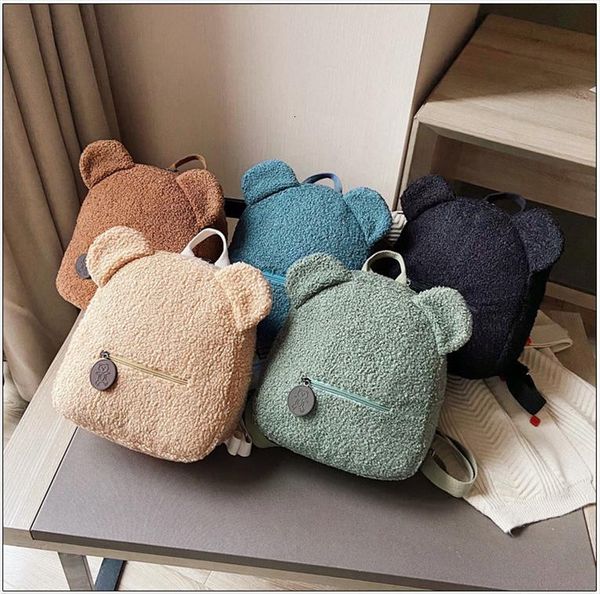

fashion solid color plush fleece backpack girls cute bear ear casual warm small lambswool daypack for daily streetwear