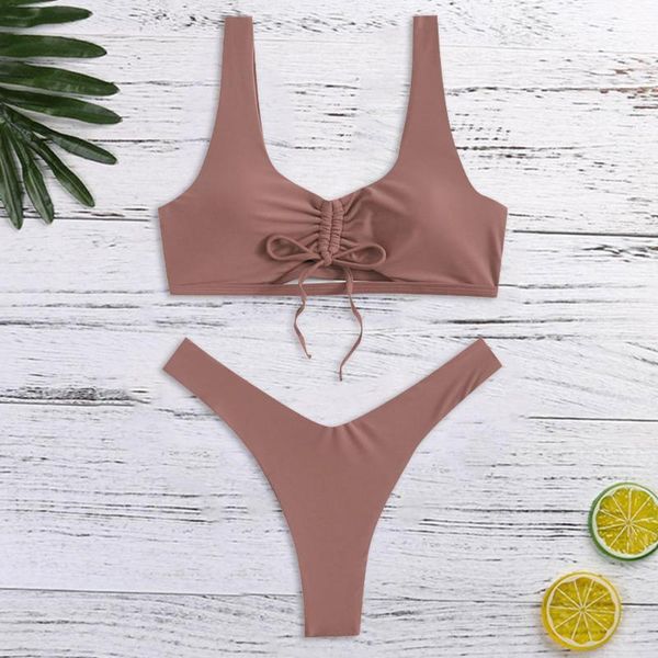 

swimwear women solid color bikini push-up padded bra halter bandage beach bikini set swimsuit beachwear swimming suit for women