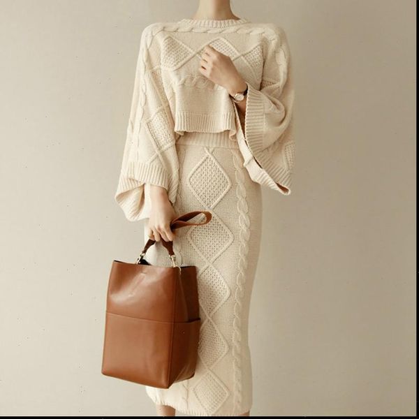 

2021 autumn winter women knitted 2 piece set batwing sleeve loose slim bodycon skirt female sweater suits, Gray