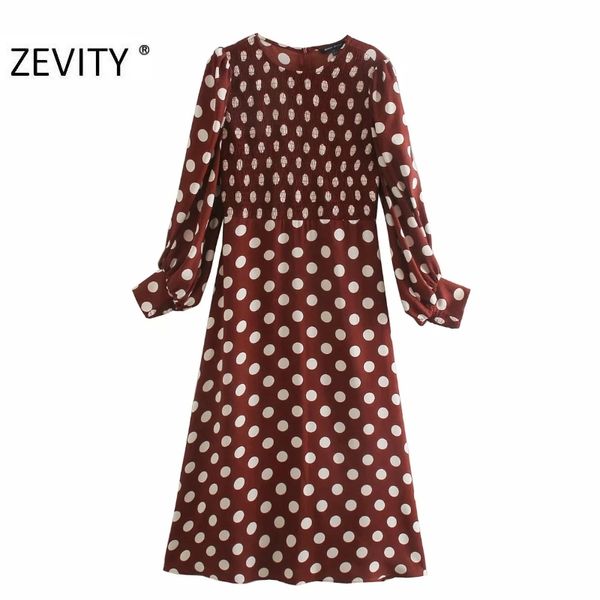 

zevity new women vintage o neck polka dot print elastic midi dress office ladies chic puff sleeve casual business vestido ds4566 210302, Black;gray