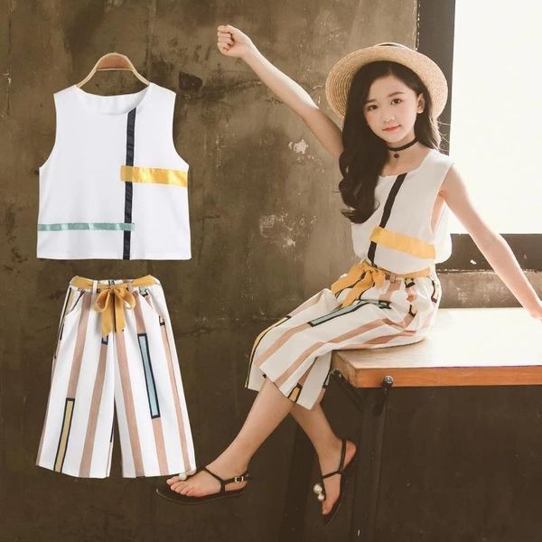 

clothing sets kids girls summer set sleeveless clothes for children striped suit 6 8 10 12 years teen girl, White