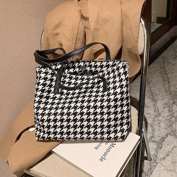

large women woolen canvas bags houndstooth pattern design female big tote handbag casual shoulder shopping bag for ladies
