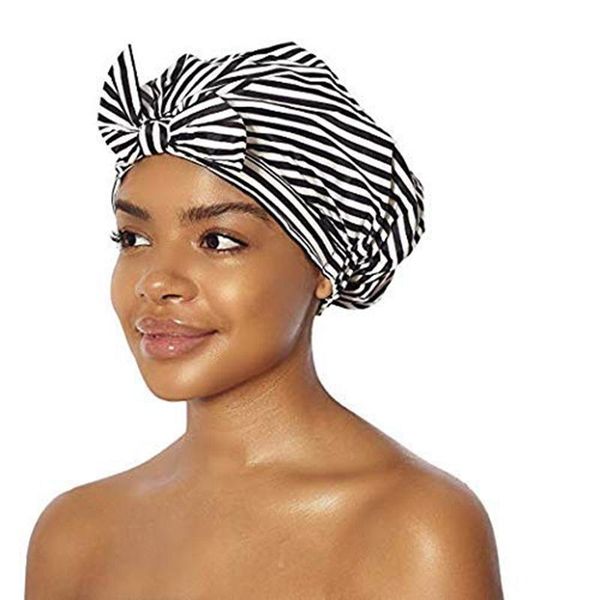 

shower caps luxury cap for women - waterproof and mold resistant, reusable (black white stripe)