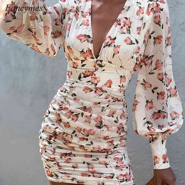 

fancymes floral print bodycon women dress autumn ruched elegant mini dresses v neck long sleeves female club party dress, Black;gray