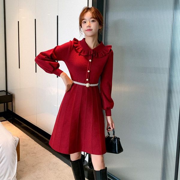 

casual dresses winter french sweet doll led show thin knitting dress long sweater in the lantern sleeve skirt, Black;gray