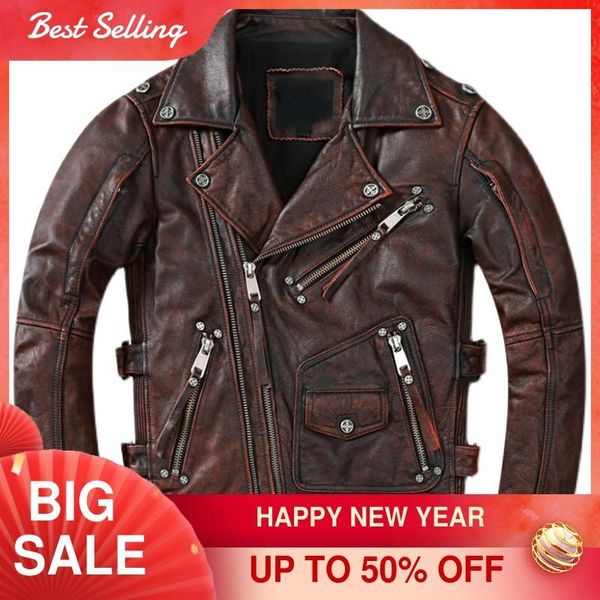

men's leather & faux 2021 vintage brown motorcycle style genuine jacket men large size 5xl real natural cowhide spring slim fit biker&#, Black