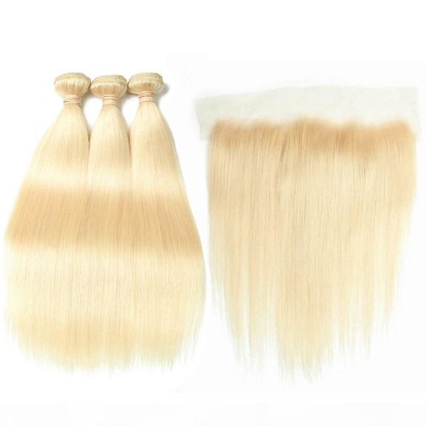 

straight malaysian human hair bleach blonde 3bundles with full lace closure 13x4 pure 613 blonde virgin hair weaves with lace frontal, Black;brown