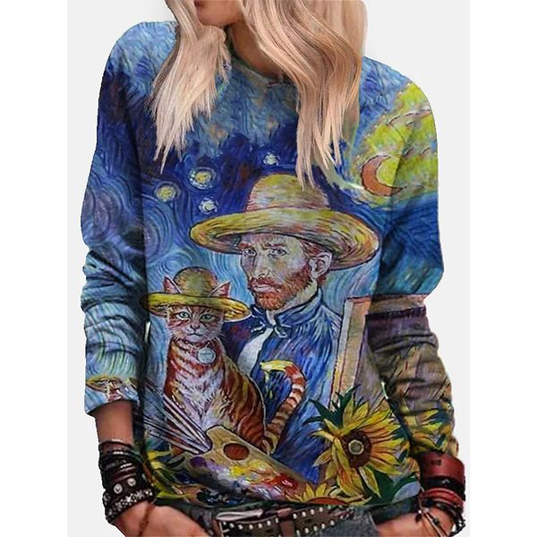

straw hat men british women s fashion 3d printing short slim t-shirt autumn long sleeve round neck basic casual, White
