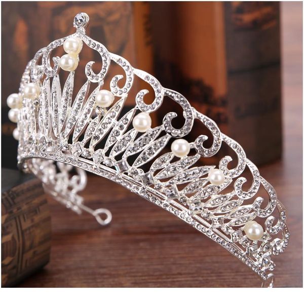 

trendy wedding crown silver color rhinestone pearl headdress crown bridal crown headdress queen prom wedding hair qylocr
