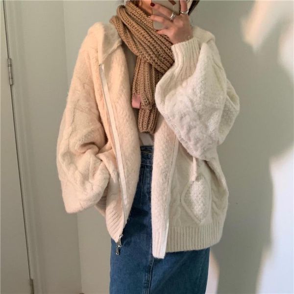 

women's knits & tees women autumn winter oversize knitted cardigan casual 2021 hooded twist sweater zipper long sleeve outerwear g28, White