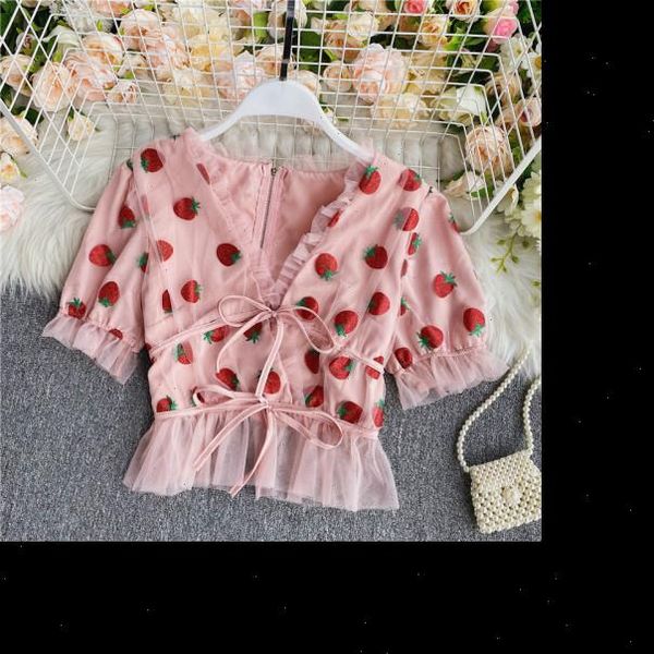 

pink strawberry shirts mesh v neck blouses woman new summer puff sleeve blusa shirts casual sweet female party blouse, White