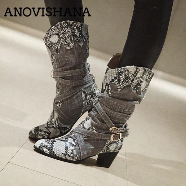 

anovishana winter boots women western cowboy boots for women snake print mid calf female shoes booties botas mujer a693 b93r#, Black