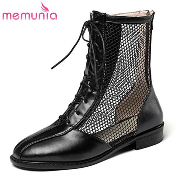 

boots memunia 2021 plus size 45 ankle women pu mesh lace up low heels casual shoes comfortable summer ladies, Black