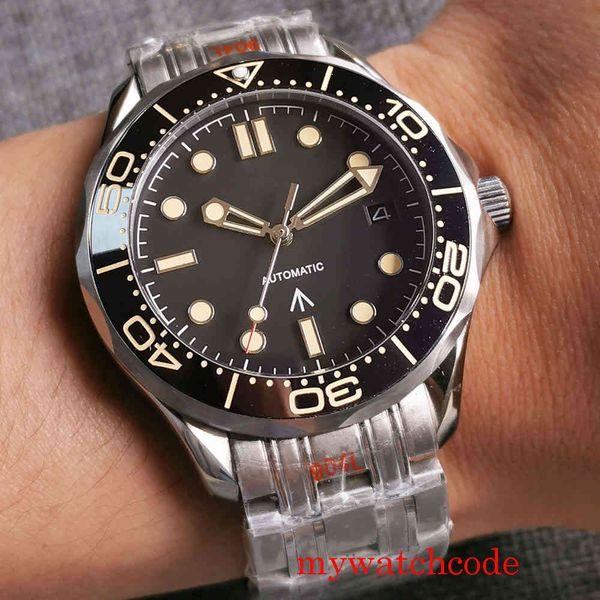 

bliger 41mm black sterile men's watch nh35 miyota 8215 sapphire glass calendar rotating bracket 316l rustless steel band, Slivery;brown