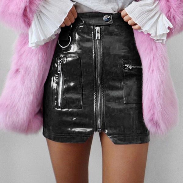 

skirts women skirt high waist zipper slit pockets leather package summer fashion female party casual hip mini short m140#, Black
