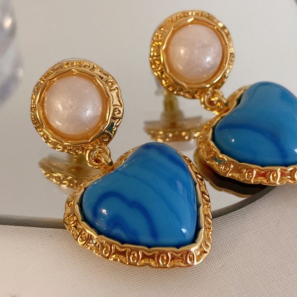 

FrenchVintageBlueHeartShapedPearl925SilverPinEarringsforwomen