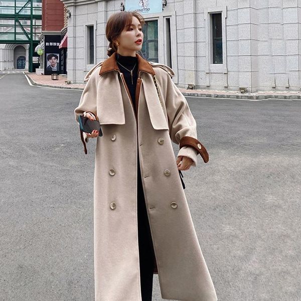 

women's trench coats [ewq] korea color contrast coat women autumn 2021 laple loose lace up waist double breasted long sleeve windbreake, Tan;black