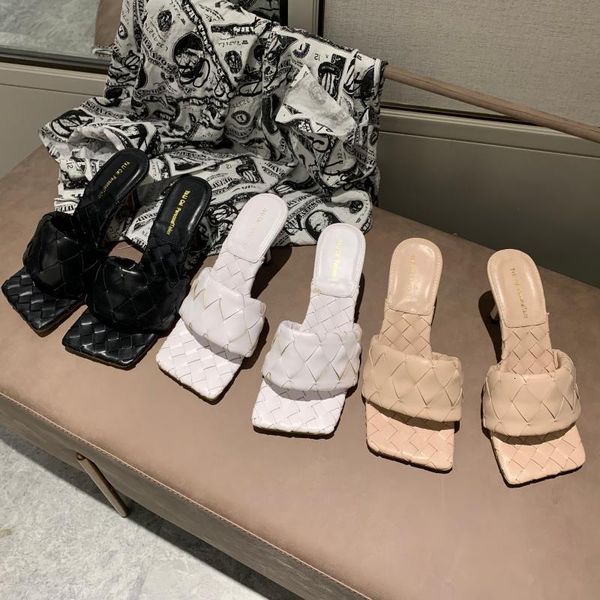 

slippers primavera e verÃ£o nova mÃ£o-tecido quadrado cabeÃ§a fina malha de salto alto fora vestindo chinelos estilo estrangeiro hsgg, Black