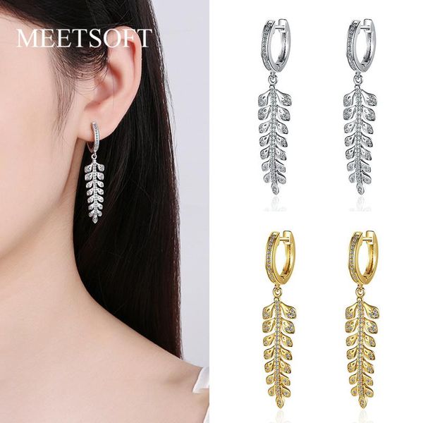 

hoop & huggie meetsoft trendy 925 sterling silver leaves branch zircon 14k gold earrings buckle for women cute fine jewelry drop, Golden;silver