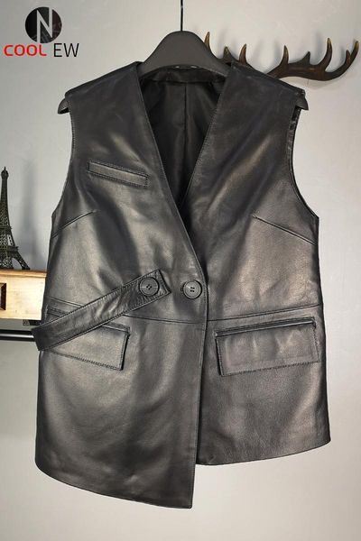 

women's vests 100% real leather vest women designer irregular short sheepskin sleeveless jacket brand ol style double breasted black wa, Black;white