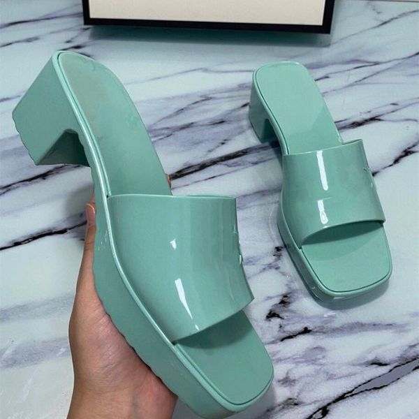 

candy color pvc latex slippers for woman square open toe mid-heel muler ladies summer jelly rubber sandals woman beach slippers, Black