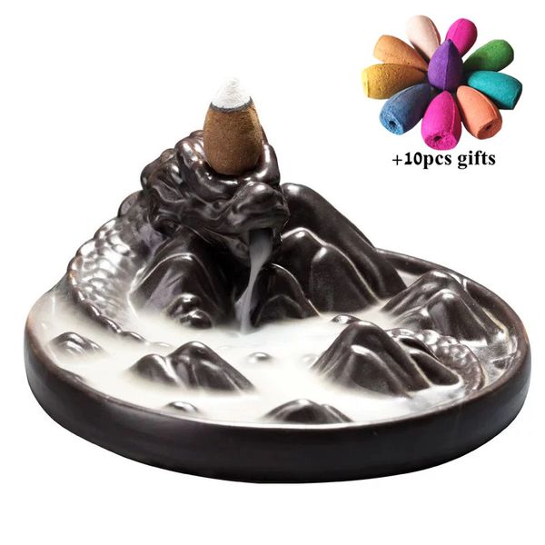 

ceramic black dragon backflow incense burner incense waterfall holder aromatherapy censer home buddhist decor +10pcs cones