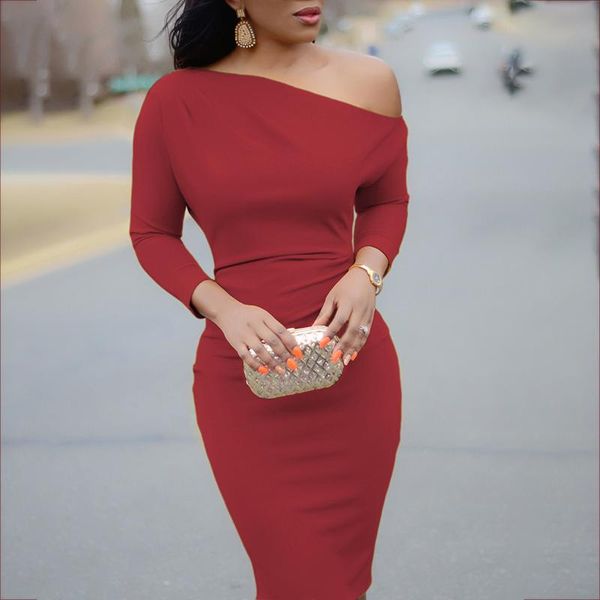 

casual dresses women elegant bodycon dress 2021 spring office lady sheath midi work long sleeve off the shoulder, Black;gray