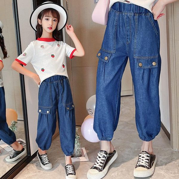

jeans kids casual clothing children pants summer cargo soft cotton denim sports for boys girls ankle length trousers, Blue