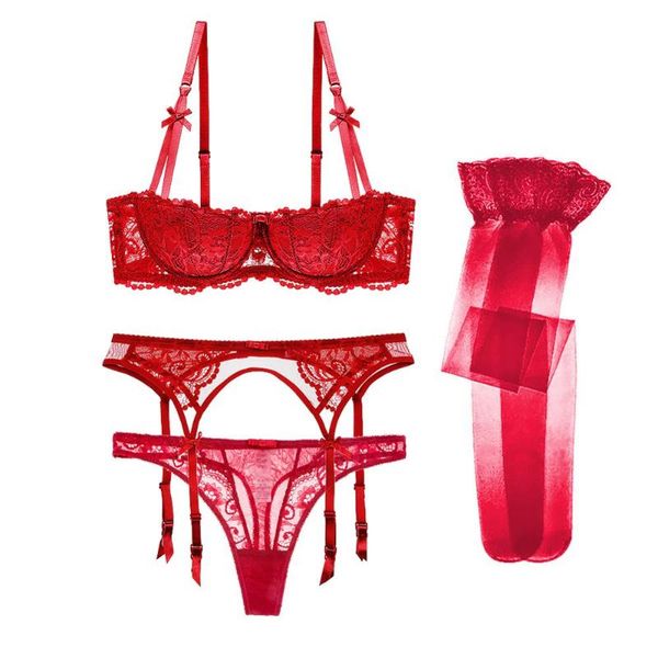 

bras classic chinese red christmas fashion half cup push up underwear set ladies lace underwire bra+garter+thong+stockings, Red;black