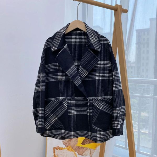 

women's wool & blends 100% autumn winter coat vintage plaid v neck warm jacket women retro stylish thick outwear oversized woolen for w, Black