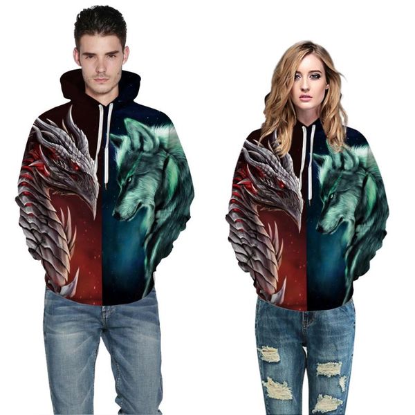 

men's hoodies & sweatshirts winter fashion brand casual sweater wolf pattern hoodie digital printing loose jacket warm street pullover, Black