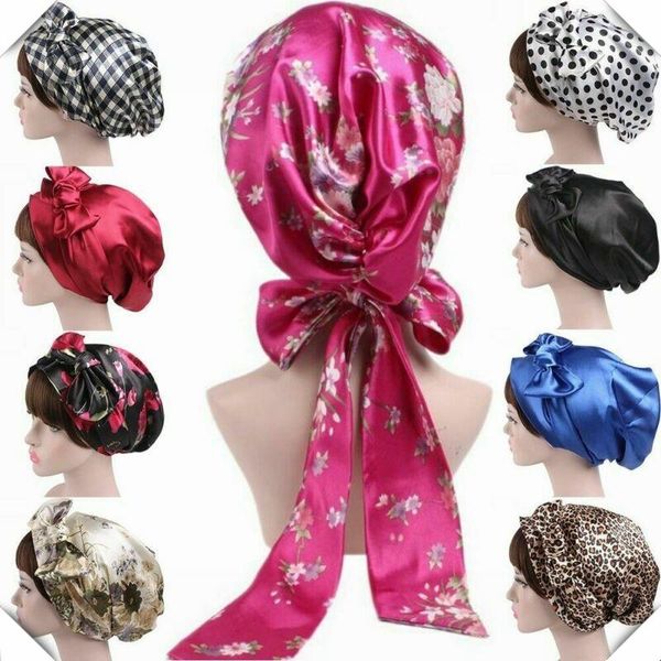 

8 colors women silk shower cap night sleep cap bath hat head hair cover satin turban headscarf bathroom product