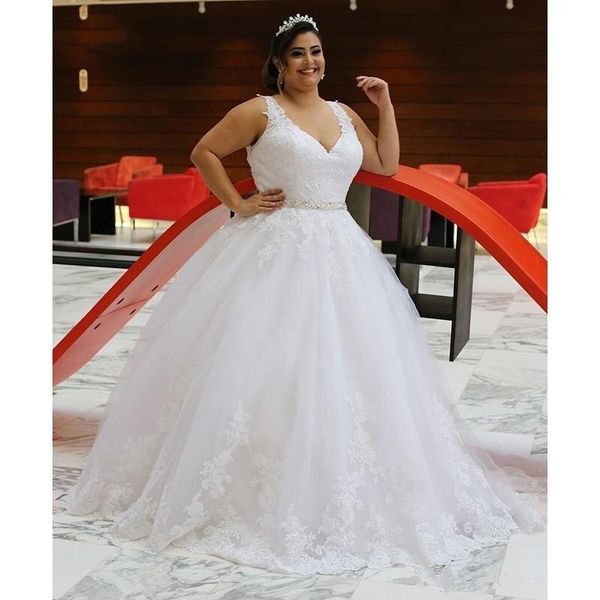 

plus size wedding dresses v neck sleeveless beading belt appliqued lace tulle a line corset back bridal gowns custom size robes de mariee, White