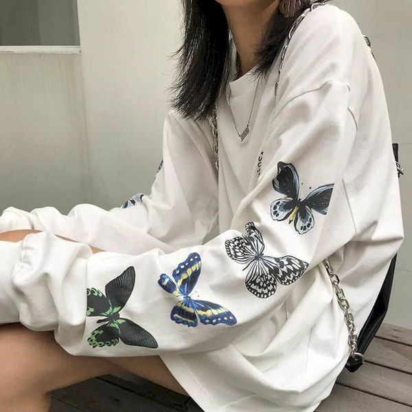 

woman tshirts long-sleeved t-shirt women autumn new harajuku style bf style butterfly print korean student loose ins 210302, White