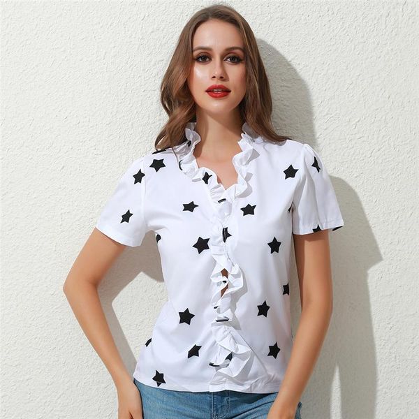 

elegant blouse ladies ruffles decor shirt women fashion printed start slim v-neck short sleeve for female plus size women's blouses &, White
