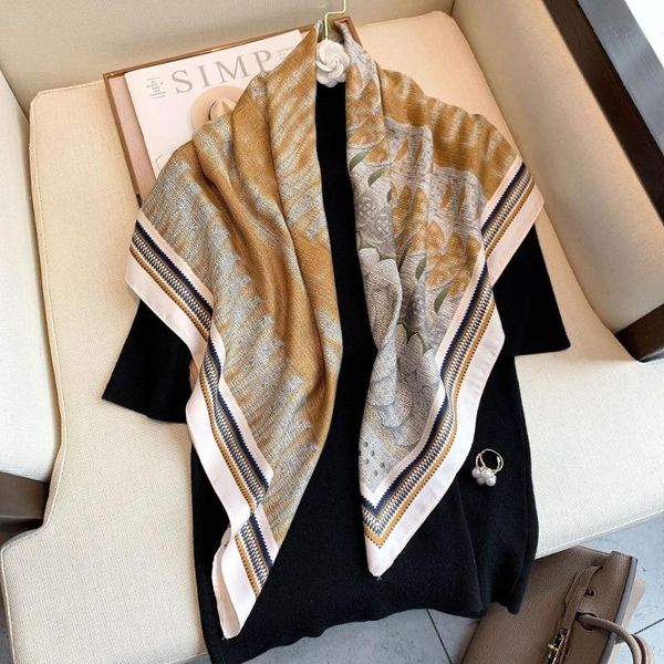 

scarves vintage printed twill large square scarf women's bandana all-match head wrap oil painting ladies silk muslim women hijab, Blue;gray