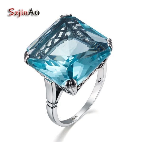 

szjinao real 925 sterling silver 17*17mm square aquamarine ring for women vintage sparkling gemstone birthstone wedding jewelery 211217, Slivery;golden