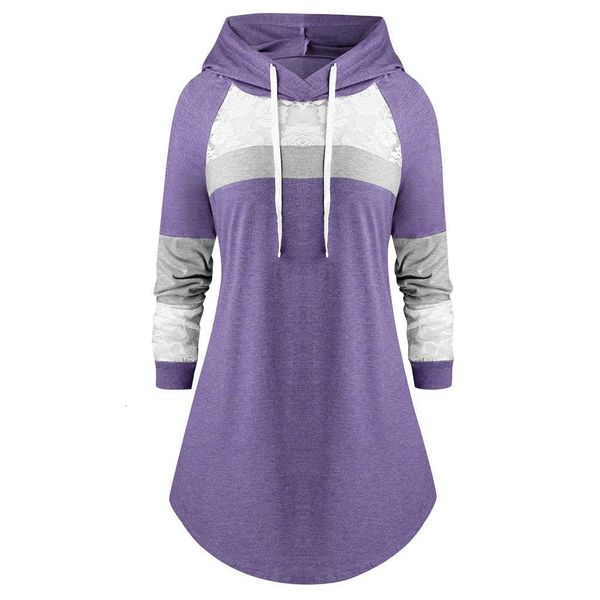 

5xl plus size women shirts winter long sleeve spring hooded drawstring tunic looses lace pachwork long sleeve sweatshirt, White