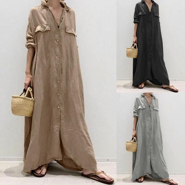 

casual dresses women dress single-breasted solid color extra long turn-down collar loose 2021 autumn winter for vacation, Black;gray