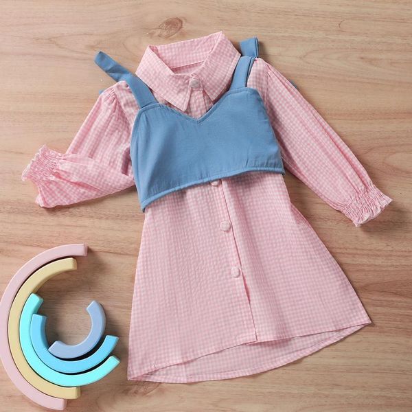 

girl's dresses pudcoco kids suit set plaid turn-down collar long sleeve dress+ solid color v-neck vest for spring fall cute 1-6 years, Red;yellow