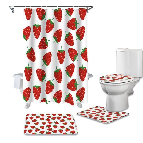 

fruit strawberry white bathroom set durable fabric waterproof shower curtain set rug carpet toilet lid cover bath mat