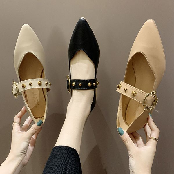 

2021 Spring New Style Women Mary Janes Shoes Pointed Toe Low Heels Dress Shoes Rivets Pumps Office Shoes zapatos mujer 8013NDress, Khaki