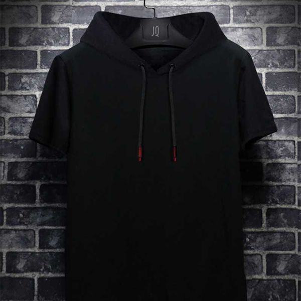 

Men's trendy hooded sports short casual versatile solid half sleeve T-shirt large summer, Black